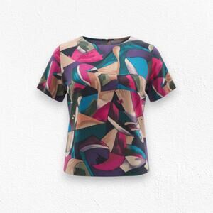 Y2K Alfred Dunner Abstract Art Blouse Museum Chic Short Sleeve Size 14